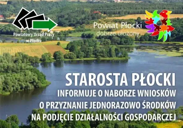 Widok malowniczej okolicy z rzeką i zielonymi polami, ilustrujący informację o naborze wniosków o przyznanie jednorazowych środków na podjęcie działalności gospodarczej w Powiecie Płockim.