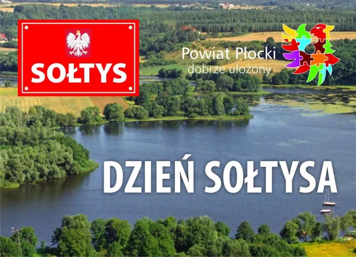 Plakat upamiętniający Dzień Sołtysa, z napisem "Dzień Sołtysa" na tle malowniczej scenerii z rzeką i zielonymi terenami.