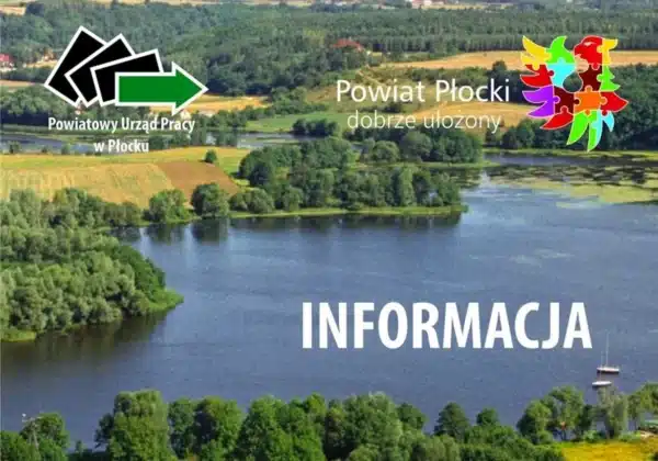 Widok na malownicze tereny powiatu płockiego z informacją o terminie przyjmowania wniosków na środki na podjęcie działalności gospodarczej.