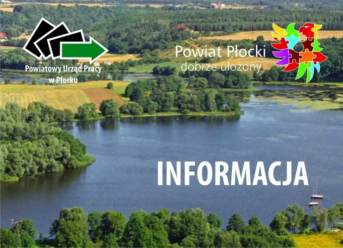 Widok na malownicze tereny powiatu płockiego z informacją o terminie przyjmowania wniosków na środki na podjęcie działalności gospodarczej.