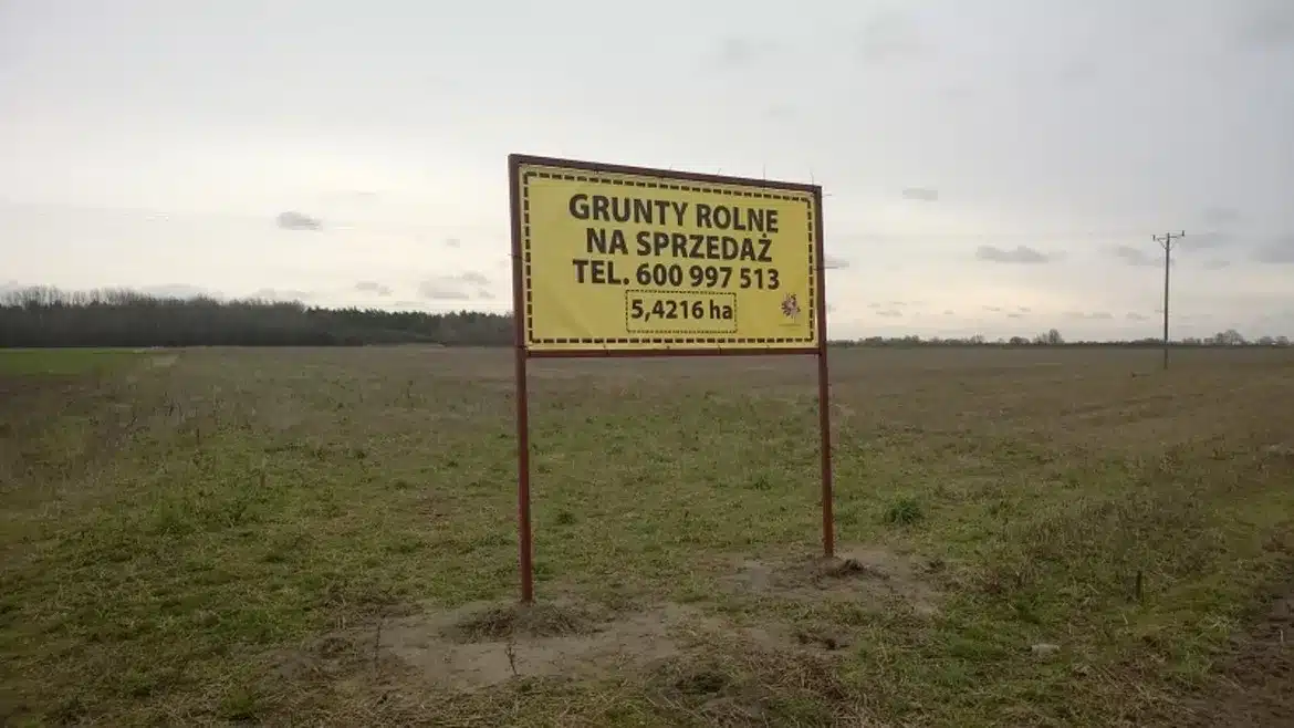 Na zdjęciu znajduje się duża, otwarta przestrzeń gruntów rolnych na sprzedaż z widocznym żółtym ogłoszeniem.