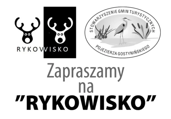 Logo „RYKOWISKO” oraz informacja o zaproszeniu na to wydarzenie, z elementami graficznymi przedstawiającymi jelenie i ptaki.