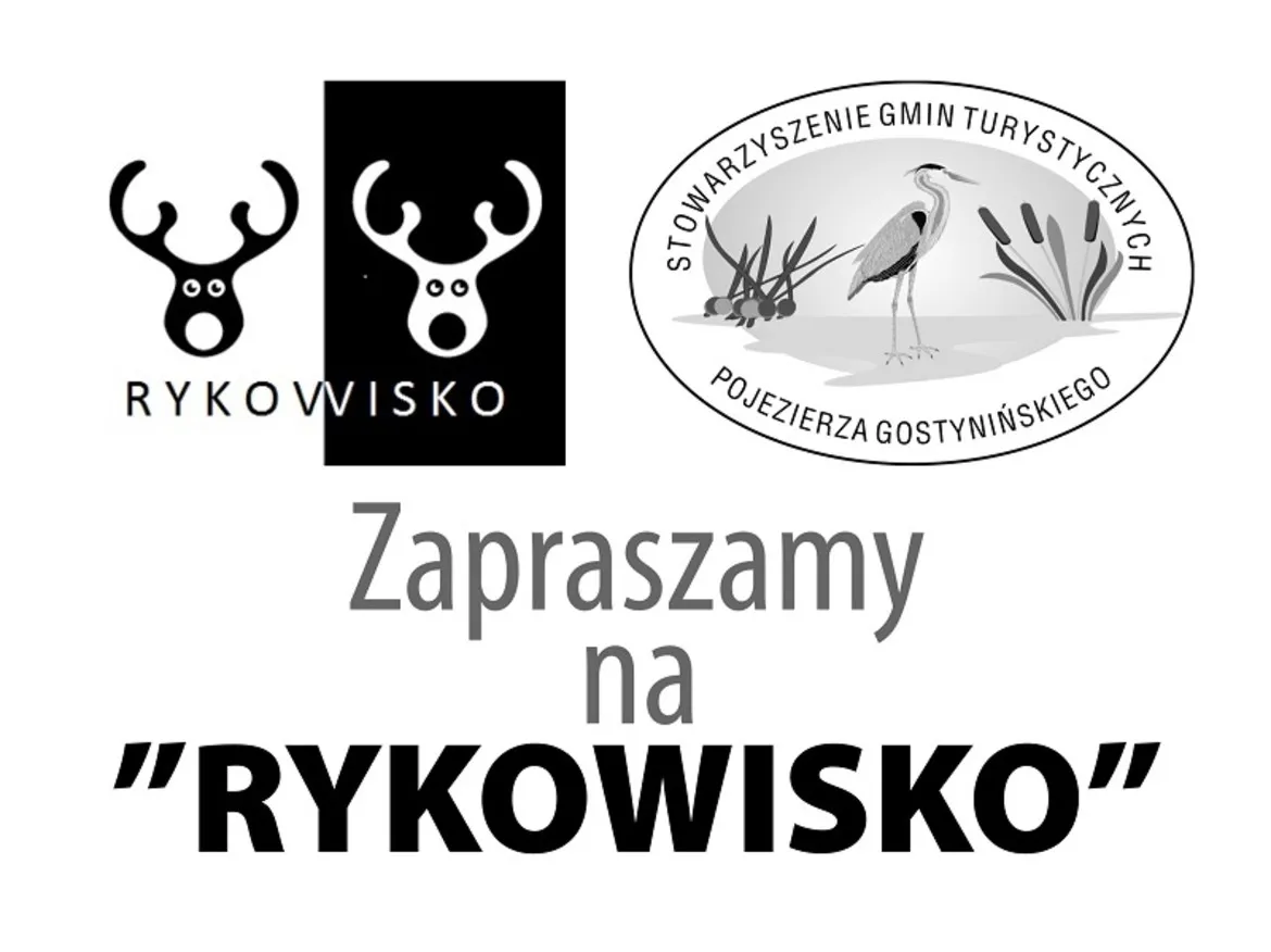 Logo „RYKOWISKO” oraz informacja o zaproszeniu na to wydarzenie, z elementami graficznymi przedstawiającymi jelenie i ptaki.