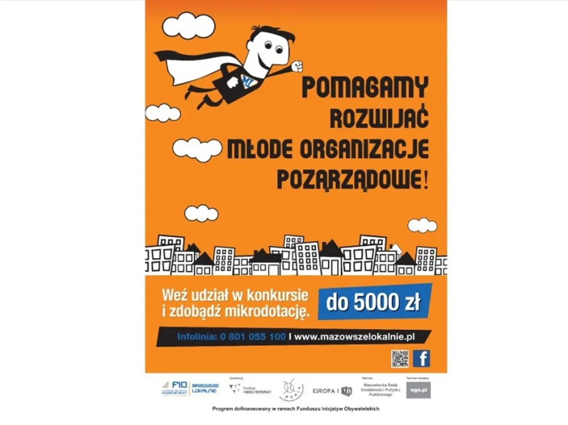 Plakat informujący o możliwościach dotacji do 5000 zł dla młodych organizacji pozarządowych na Mazowszu, zachęcający do udziału w konkursie.