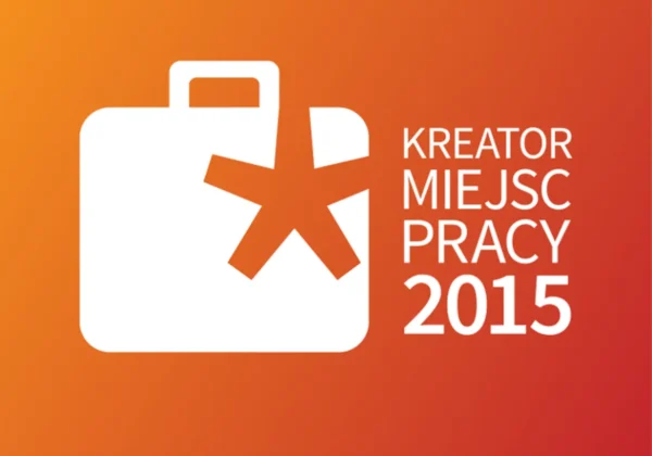 Logo konkursu "Kreator miejsc pracy 2015" przedstawiające walizkę z symbolem gwiazdki na tle w gradientowych odcieniach pomarańczowego.