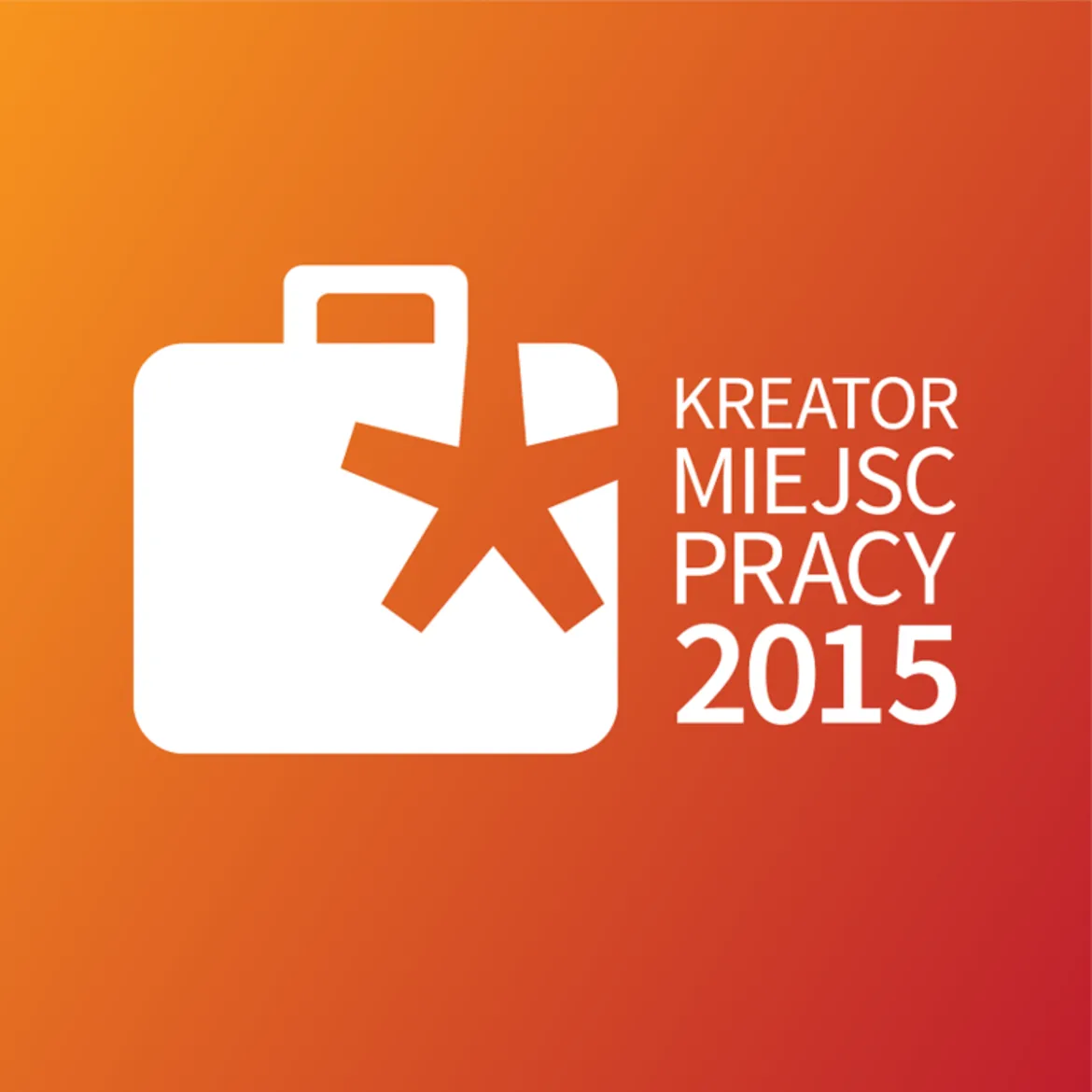 Logo konkursu "Kreator miejsc pracy 2015" przedstawiające walizkę z symbolem gwiazdki na tle w gradientowych odcieniach pomarańczowego.