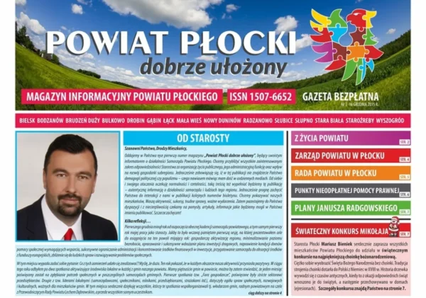 Okładka gazety Powiat Płocki z dużym tytułem „POWIAT PŁOCKI dobrze ułożony”, kolorowym logotypem po prawej, portretowym zdjęciem mężczyzny po lewej oraz kolumnami z kolorowymi sekcjami po prawej.