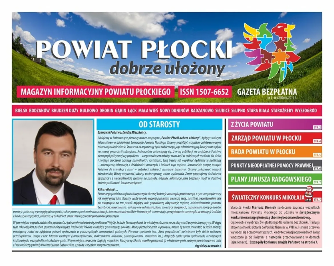 Gazeta informacyjna "POWIAT PŁOCKI dobrze ułożony" z artykułem o działalności Samorządu Powiatu Płockiego, ilustrowana zdjęciem starosty.