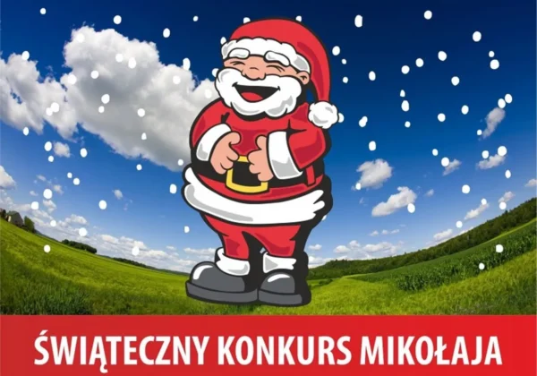 Wesoły Mikołaj na tle zielonego krajobrazu z niebieskim niebem i chmurami, zaprasza do udziału w świątecznym konkursie.