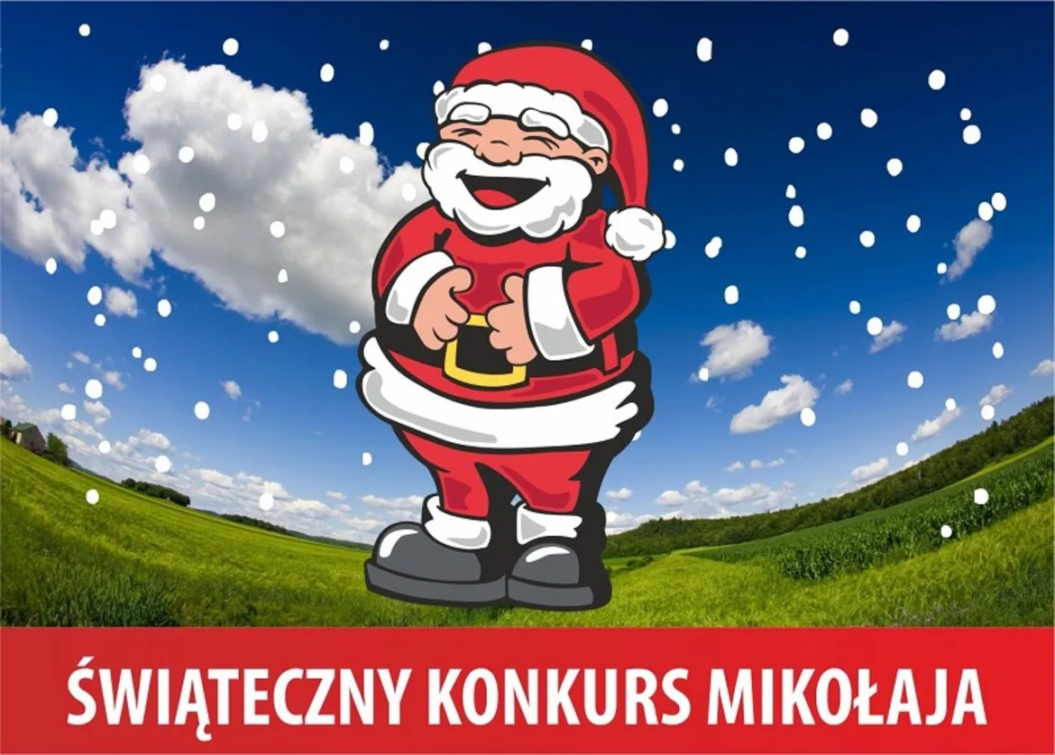 Wesoły Mikołaj na tle zielonego krajobrazu z niebieskim niebem i chmurami, zaprasza do udziału w świątecznym konkursie.