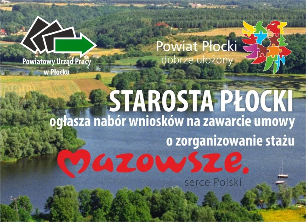 Plakat informacyjny ogłaszający nabór wniosków na zorganizowanie stażu przez Starostę Płockiego, z widokiem na malowniczy krajobraz Mazowsza.
