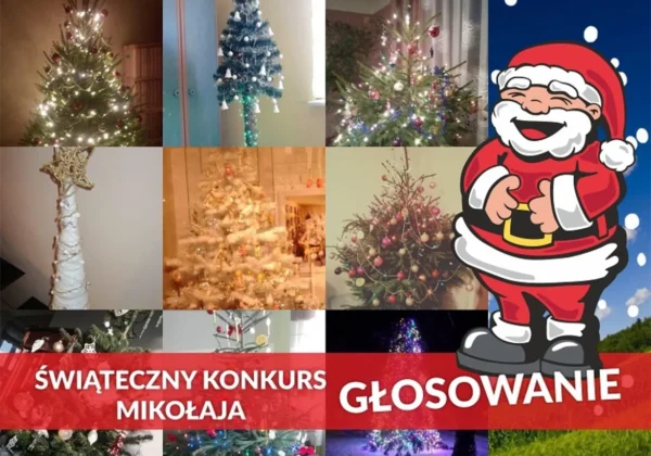 Kolaż różnych ozdobionych choinek bożonarodzeniowych z napisem „Świąteczny Konkurs Mikołaja – Głosowanie”.