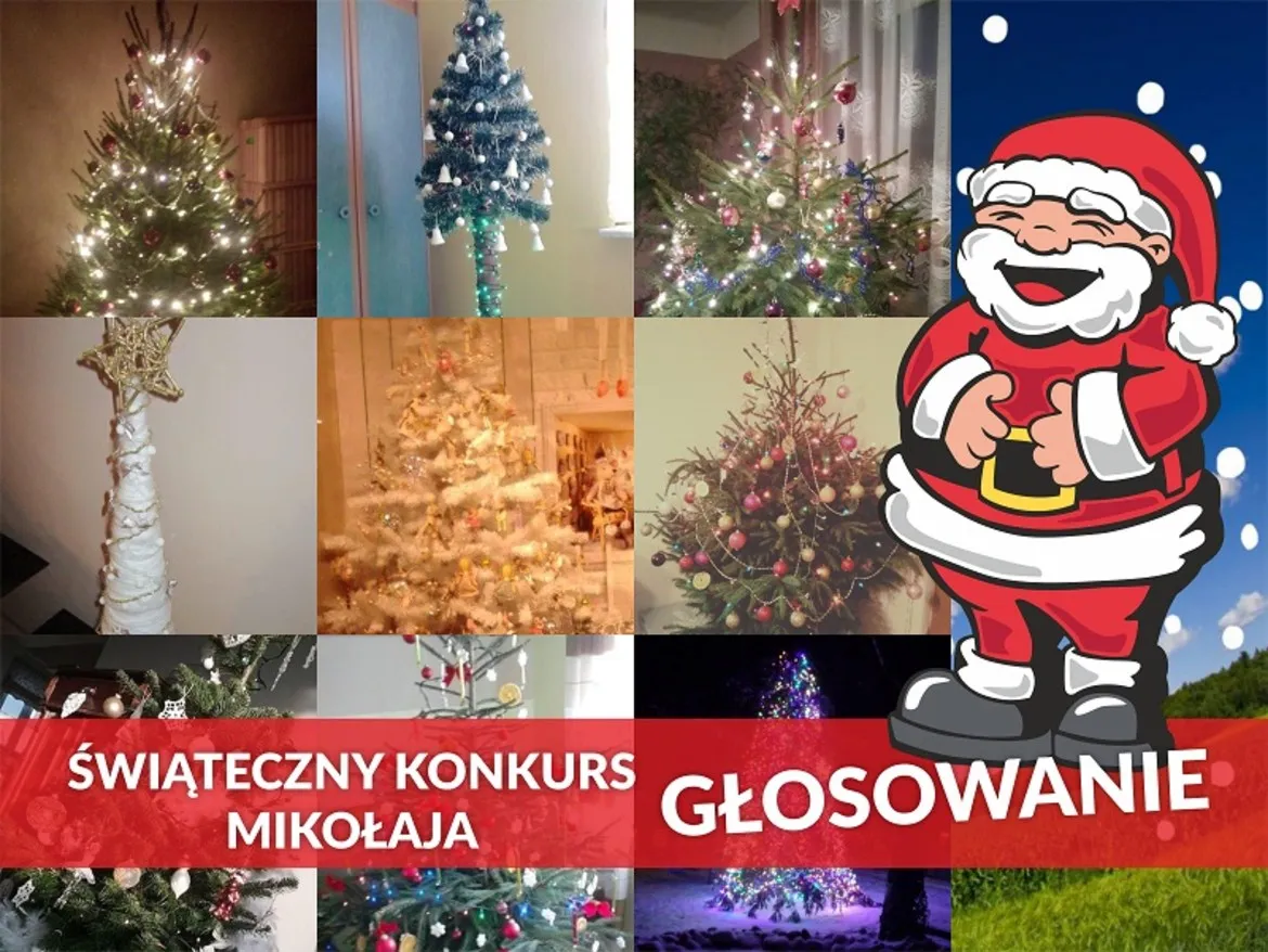 Kolaż różnych ozdobionych choinek bożonarodzeniowych z napisem „Świąteczny Konkurs Mikołaja – Głosowanie”.
