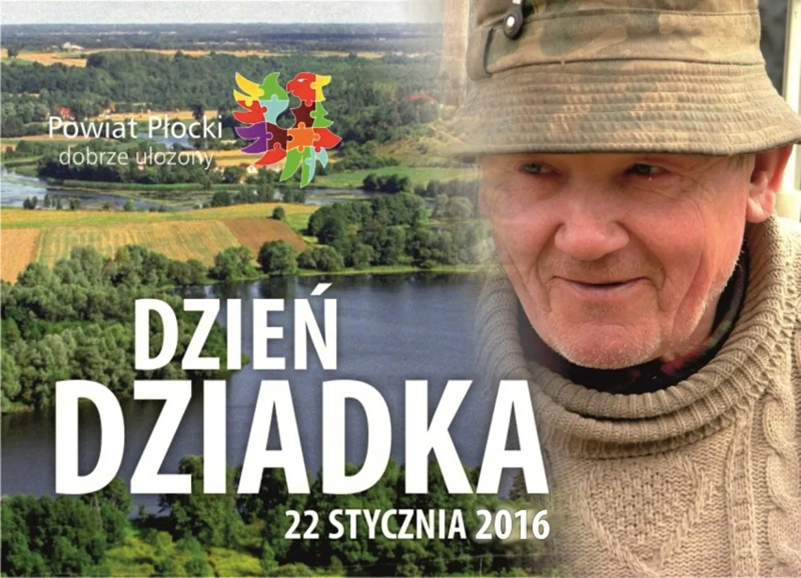 Plakat z okazji Dnia Dziadka przedstawiający uśmiechniętego mężczyznę w kapeluszu oraz piękny krajobraz, z tekstem informującym o wydarzeniu.