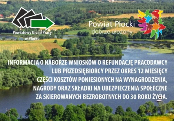 Na zdjęciu znajduje się malowniczy widok na rzekę i otaczające ją tereny zielone, z tekstem informującym o możliwościach refundacji kosztów dla pracodawców oraz przedsiębiorców związanych z zatrudnieniem osób do 30 roku życia.