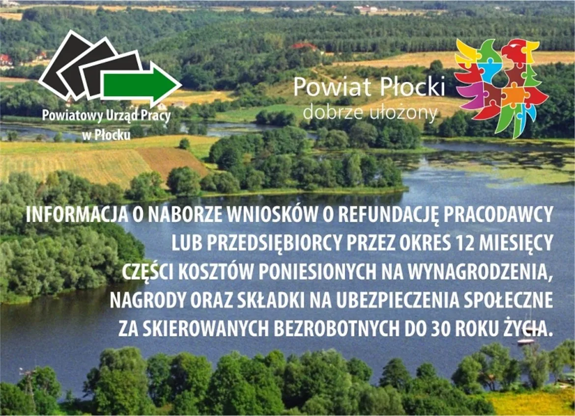 Na zdjęciu znajduje się malowniczy widok na rzekę i otaczające ją tereny zielone, z tekstem informującym o możliwościach refundacji kosztów dla pracodawców oraz przedsiębiorców związanych z zatrudnieniem osób do 30 roku życia.