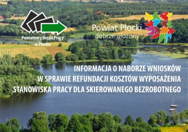 Widok na malowniczy krajobraz z rzeką i zadrzewionymi brzegami, z informacją o naborze wniosków dotyczących refundacji kosztów wyposażenia stanowiska pracy dla bezrobotnych.