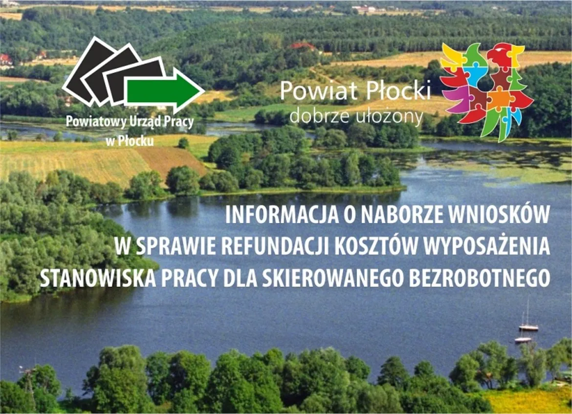 Widok na malowniczy krajobraz z rzeką i zadrzewionymi brzegami, z informacją o naborze wniosków dotyczących refundacji kosztów wyposażenia stanowiska pracy dla bezrobotnych.