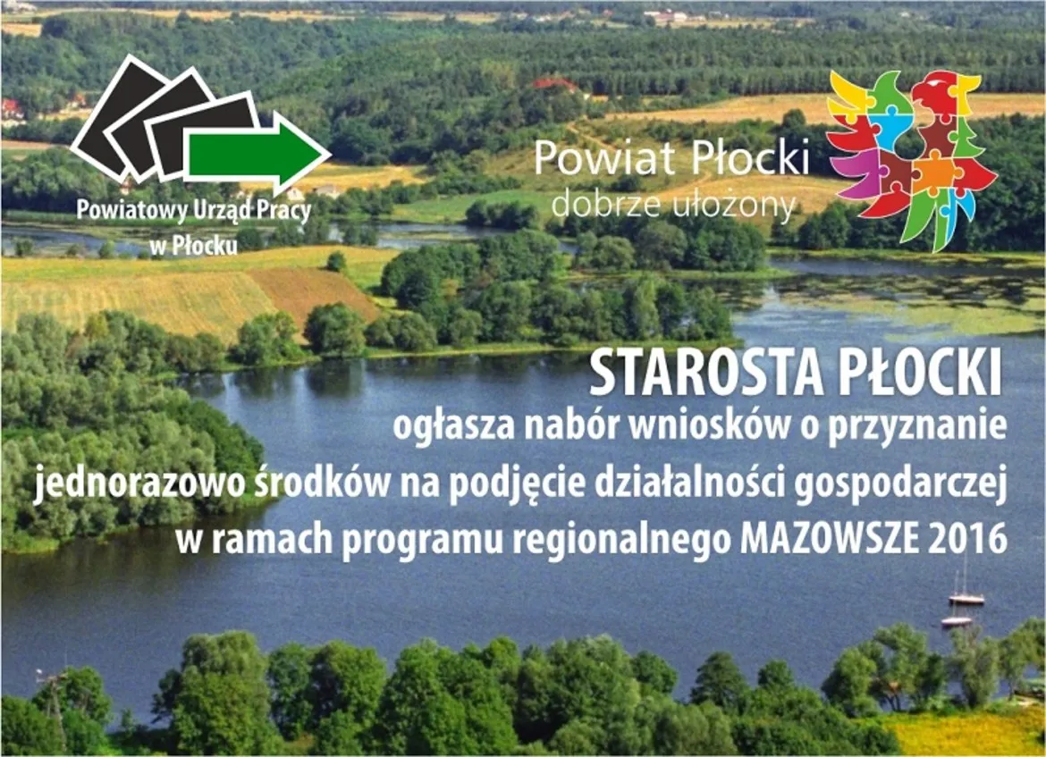 Na zdjęciu przedstawiono malowniczy widok na rzekę i tereny zielone, z informacją o naborze wniosków na jednorazowe środki na rozpoczęcie działalności gospodarczej w programie regionalnym MAZOWSZE 2016.