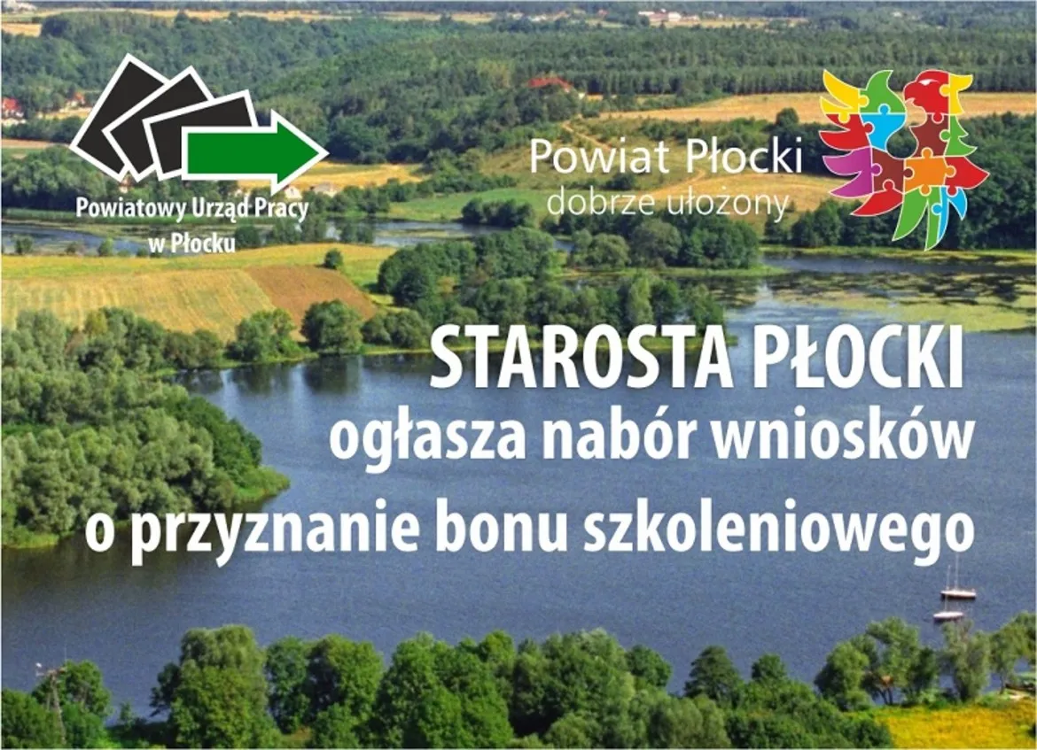 Obrazek przedstawia widok na rzekę i tereny zielone, ilustrujący ogłoszenie Starosty Płockiego o naborze wniosków o przyznanie bonu szkoleniowego.