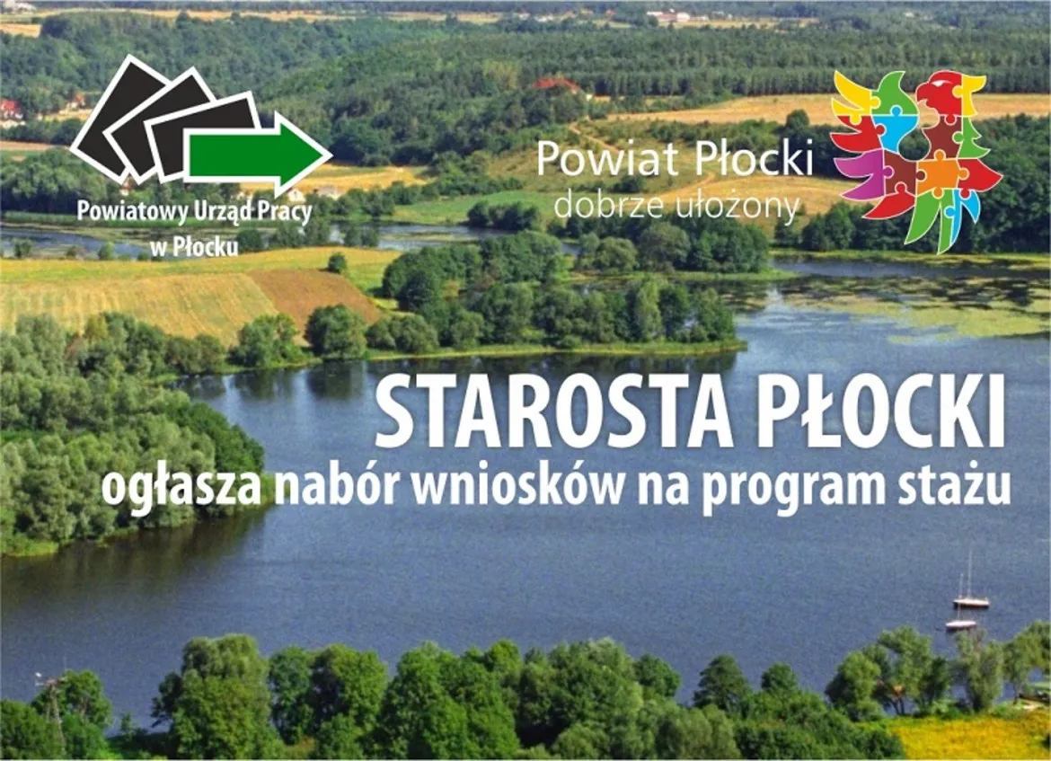 Zdjęcie przedstawia malowniczy krajobraz z rzeką i zielonymi drzewami, gdzie Starosta Płocki ogłasza nabór wniosków na program stażu.