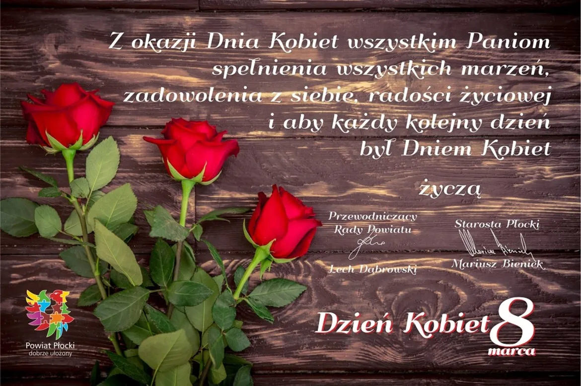 Na zdjęciu widoczne są czerwone róże oraz życzenia z okazji Dnia Kobiet, wyrażające chęć spełnienia marzeń i radości w życiu.