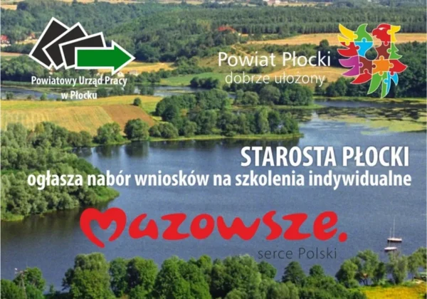 Plakat informujący o naborze wniosków na szkolenia indywidualne ogłoszony przez Starostę Płockiego, z widokiem na malowniczy krajobraz Mazowsza.