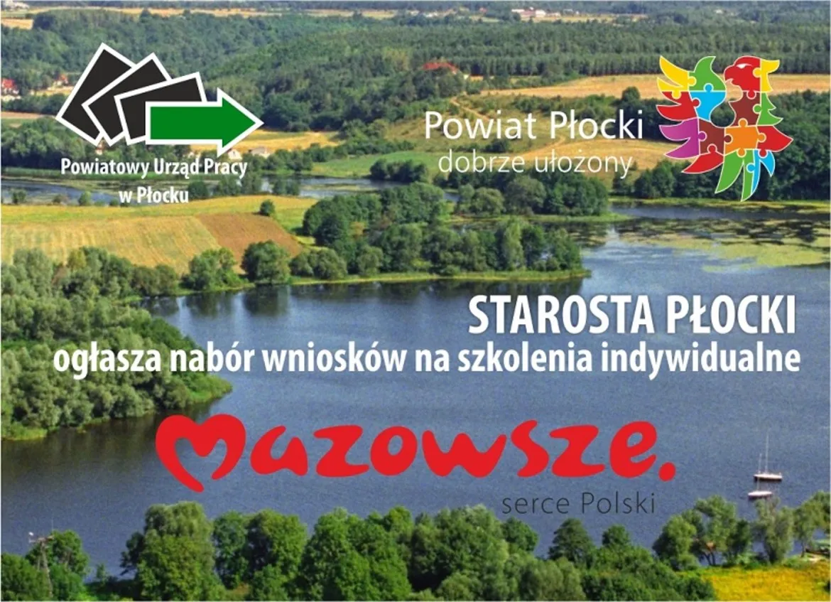 Plakat informujący o naborze wniosków na szkolenia indywidualne ogłoszony przez Starostę Płockiego, z widokiem na malowniczy krajobraz Mazowsza.