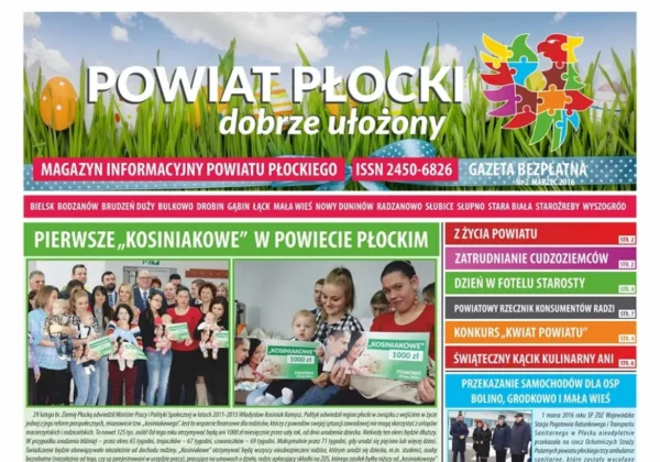 Zdjęcie przedstawia okładkę magazynu informacyjnego "POWIAT PŁOCKI" z marcem 2016 roku, na której zamieszczono informacje o programie "Kosiankowe" oraz przedstawiono grupę beneficjentów.