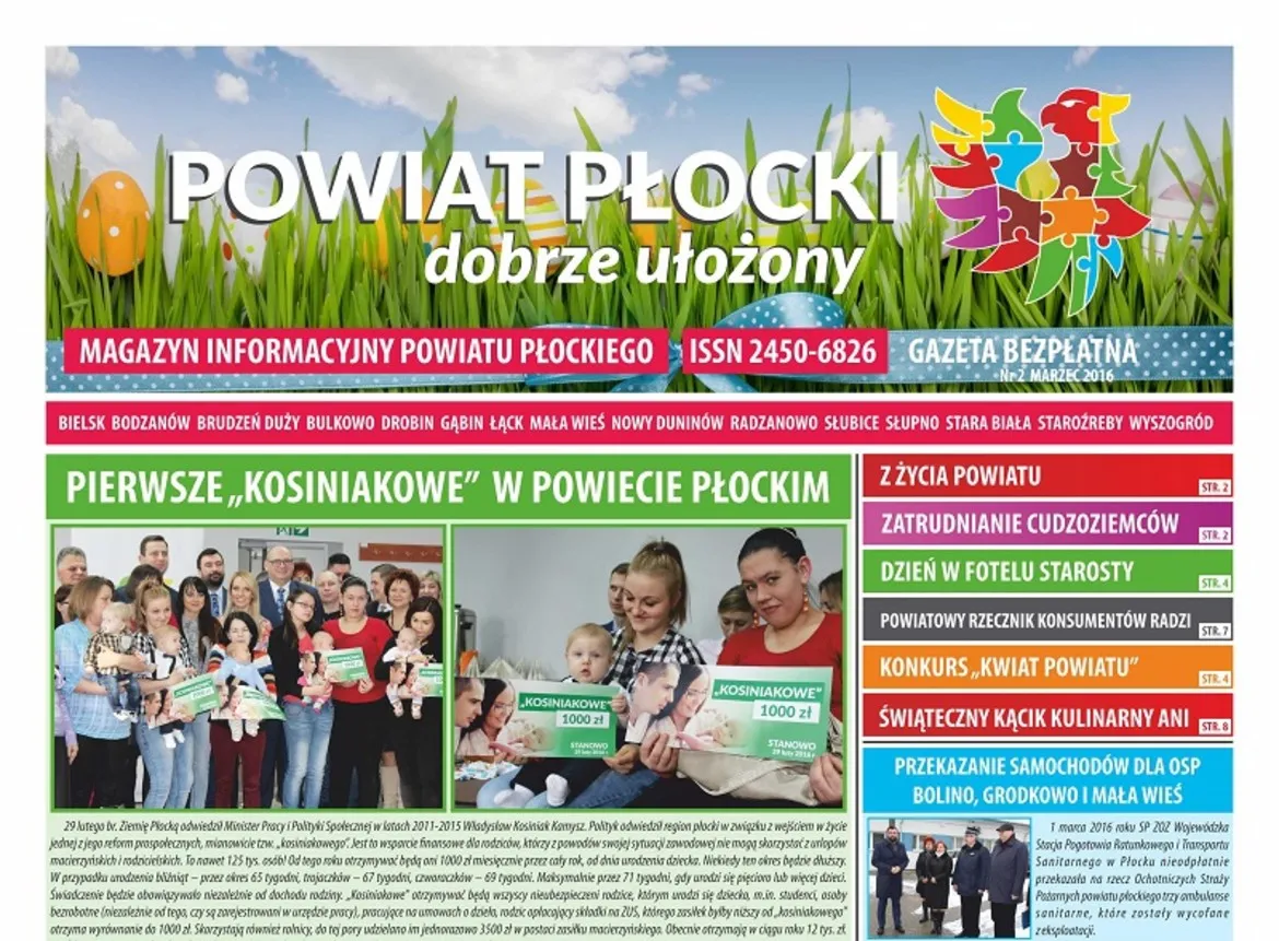 Zdjęcie przedstawia okładkę magazynu informacyjnego "POWIAT PŁOCKI" z marcem 2016 roku, na której zamieszczono informacje o programie "Kosiankowe" oraz przedstawiono grupę beneficjentów.