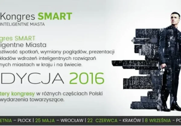 Grafika promująca Kongres SMART – Inteligentne Miasta, przedstawiająca futurystyczną wizję oraz informacje o wydarzeniu w 2016 roku, które obejmuje cztery kongresy w różnych miastach Polski.