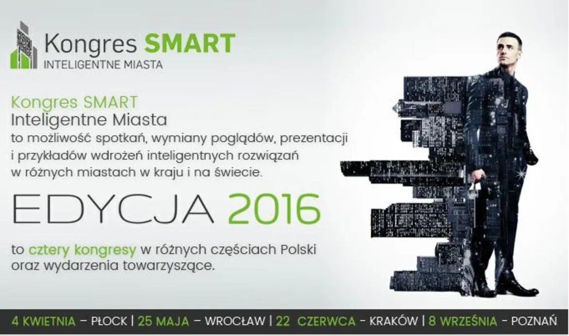 Grafika promująca Kongres SMART – Inteligentne Miasta, przedstawiająca futurystyczną wizję oraz informacje o wydarzeniu w 2016 roku, które obejmuje cztery kongresy w różnych miastach Polski.