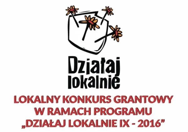 Logo programu „Działaj Lokalnie IX-2016” z rysunkową torbą ozdobioną kwiatami i napisami „Działaj Lokalnie” oraz „Lokalny Konkurs Grantowy w ramach programu Działaj Lokalnie IX – 2016”.