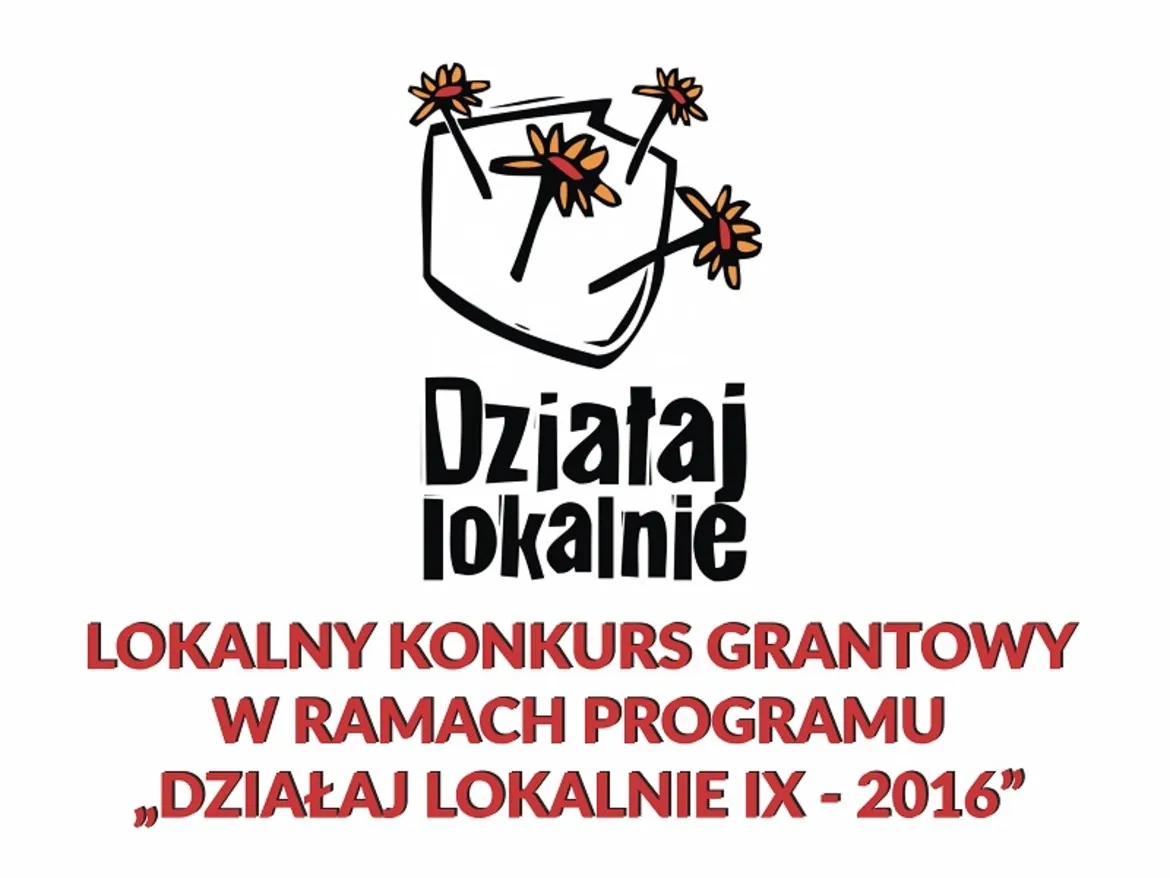 Logo programu „Działaj Lokalnie IX-2016” z rysunkową torbą ozdobioną kwiatami i napisami „Działaj Lokalnie” oraz „Lokalny Konkurs Grantowy w ramach programu Działaj Lokalnie IX – 2016”.