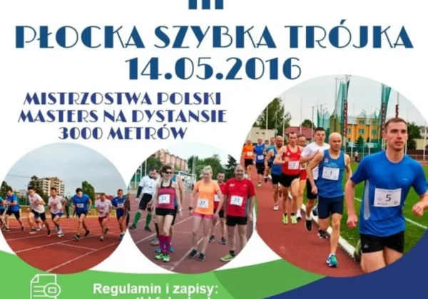 Kolaż zdjęć biegaczy na bieżni podczas III Płocka Szybka Trójka – Mistrzostwa Polski Masters na dystansie 3000 metrów, 14.05.2016.