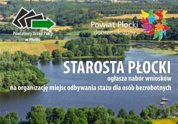 Panoramiczny widok na rzekę i zielone pola z logotypami Powiatowego Urzędu Pracy w Płocku i kolorowym motywem puzzli, na którym widnieje duży napis "STAROSTA PŁOCKI ogłasza nabór wniosków na organizację miejsc odbywania stażu dla osób bezrobotnych".
