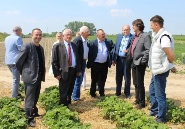 Grupa mężczyzn w garniturach i marynarkach stoi na polu uprawnym, omawiając wspólne stanowisko Komisji Rady Powiatu dotyczącą wsparcia rolników.