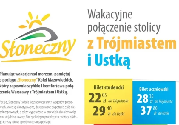Reklamowy plakat Kolei Mazowieckich promujący wakacyjne połączenie Warszawy z Trójmiastem i Ustką, z logo „Słoneczny” i kolorowymi blokami cen biletów studenckich i uczniowskich.