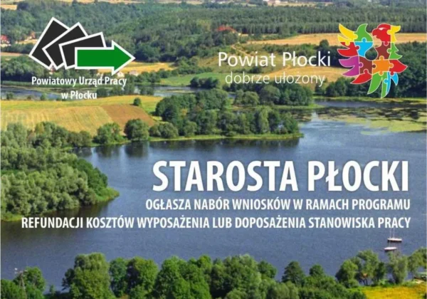 Baner informacyjny Powiatu Płockiego informujący o naborze wniosków w ramach programu refundacji kosztów wyposażenia lub doposażenia stanowiska pracy dla skierowanego bezrobotnego.