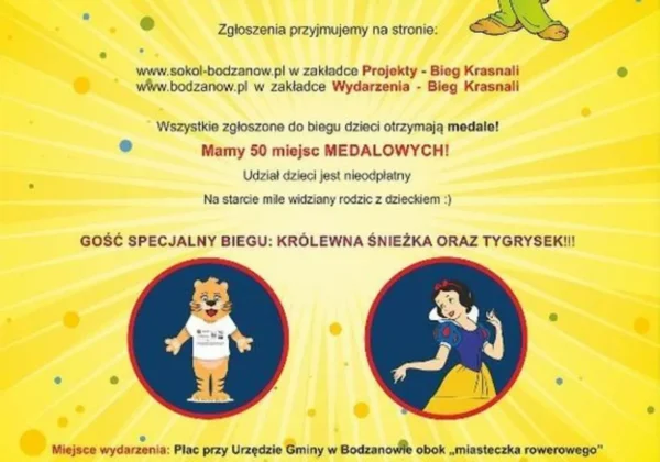 Żółty plakat promujący Bieg Krasnali 2016 w Bodzanowie z rysunkowymi krasnalami oraz Królewną Śnieżką i Tygrysekiem.