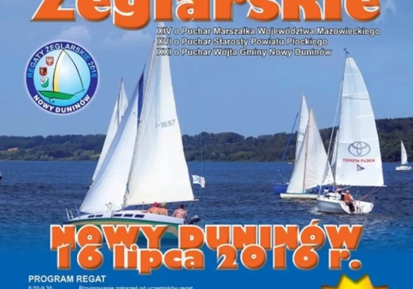 Plakat promujący XXI Regaty Żeglarskie w Nowym Duninowie, przedstawiający żaglówki na jeziorze.