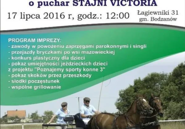 Duży plakat promujący Piknik Rodzinny w Łagiewnikach (gmina Bodzanów) z wizerunkiem zaprzęgu konnego na dole i listą atrakcji.