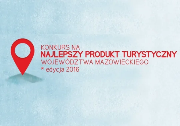 Logo konkursu „Najlepszy Produkt Turystyczny Województwa Mazowieckiego”, edycja 2016, z czerwonym znacznikiem lokalizacji na tle niebieskiego gradientu.
