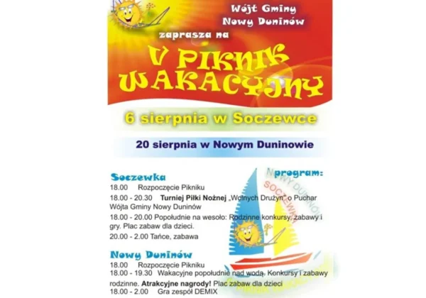 Kolorowy plakat promujący V Piknik Wakacyjny z datami 6 sierpnia w Soczewce i 20 sierpnia w Nowym Duninowie.