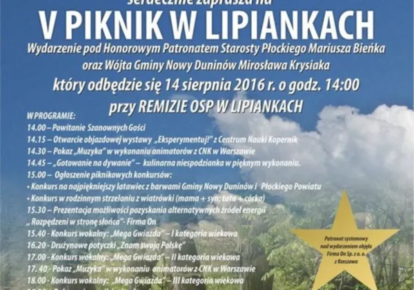 Plakat promujący V Piknik w Lipiankach z udziałem Centrum Nauki Kopernik oraz lokalnych partnerów, zawierający program i atrakcje wydarzenia.