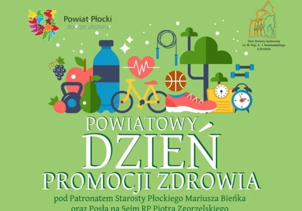 Ilustracja promująca Powiatowy Dzień Promocji Zdrowia z kolorowymi ikonami zdrowego stylu życia (owoce, warzywa, butelka wody, rower, piłka koszykowa, buty sportowe, hantel, serce z EKG) oraz logotypem Powiatu Płockiego.
