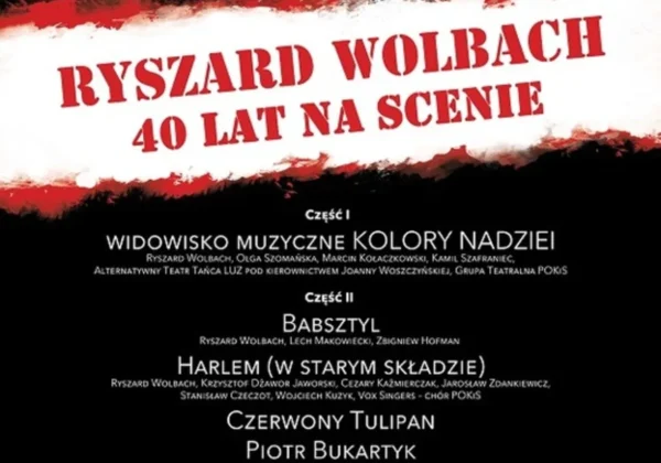 Plakat promujący benefis artysty z napisem „40 lat na scenie” i wizerunkiem mężczyzny śpiewającego przy mikrofonie.