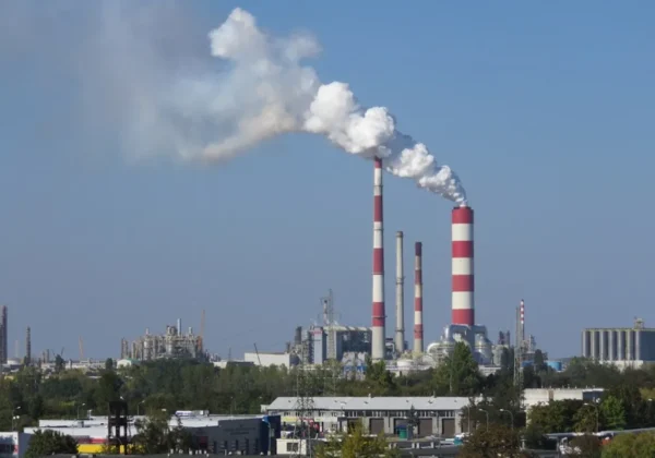 Widok na zakład przemysłowy z wysokimi, czerwono-białymi kominami wydzielającymi gęsty biały dym nad zabudowaniami miasta.