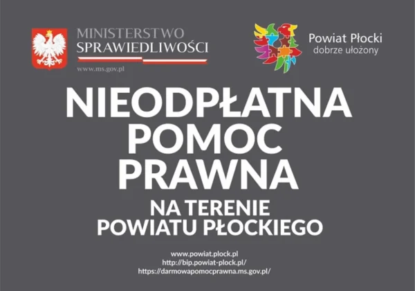 Baner informujący o bezpłatnej pomocy prawnej na terenie Powiatu Płockiego, z logotypami Ministerstwa Sprawiedliwości i Powiatu Płockiego.