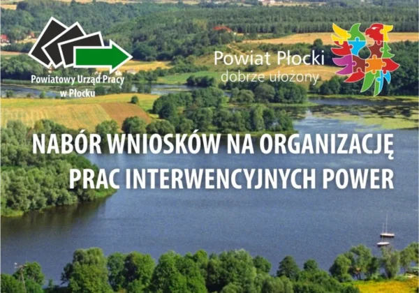 Banner z tłem jeziora i zielonych pól, zawierający napis „NABÓR WNIOSKÓW NA ORGANIZACJĘ PRAC INTERWENCYJNYCH POWER” oraz logotypy Powiatowego Urzędu Pracy w Płocku i kolorowy motyw puzzli.